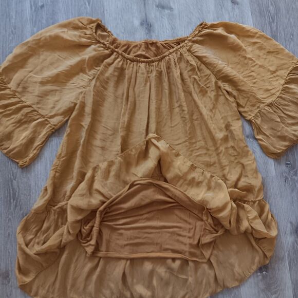 Womens Dress Medium Mini Peasant Bell Sleeve Ruffle Golden Fairy Cottage Beachy - Picture 2 of 10
